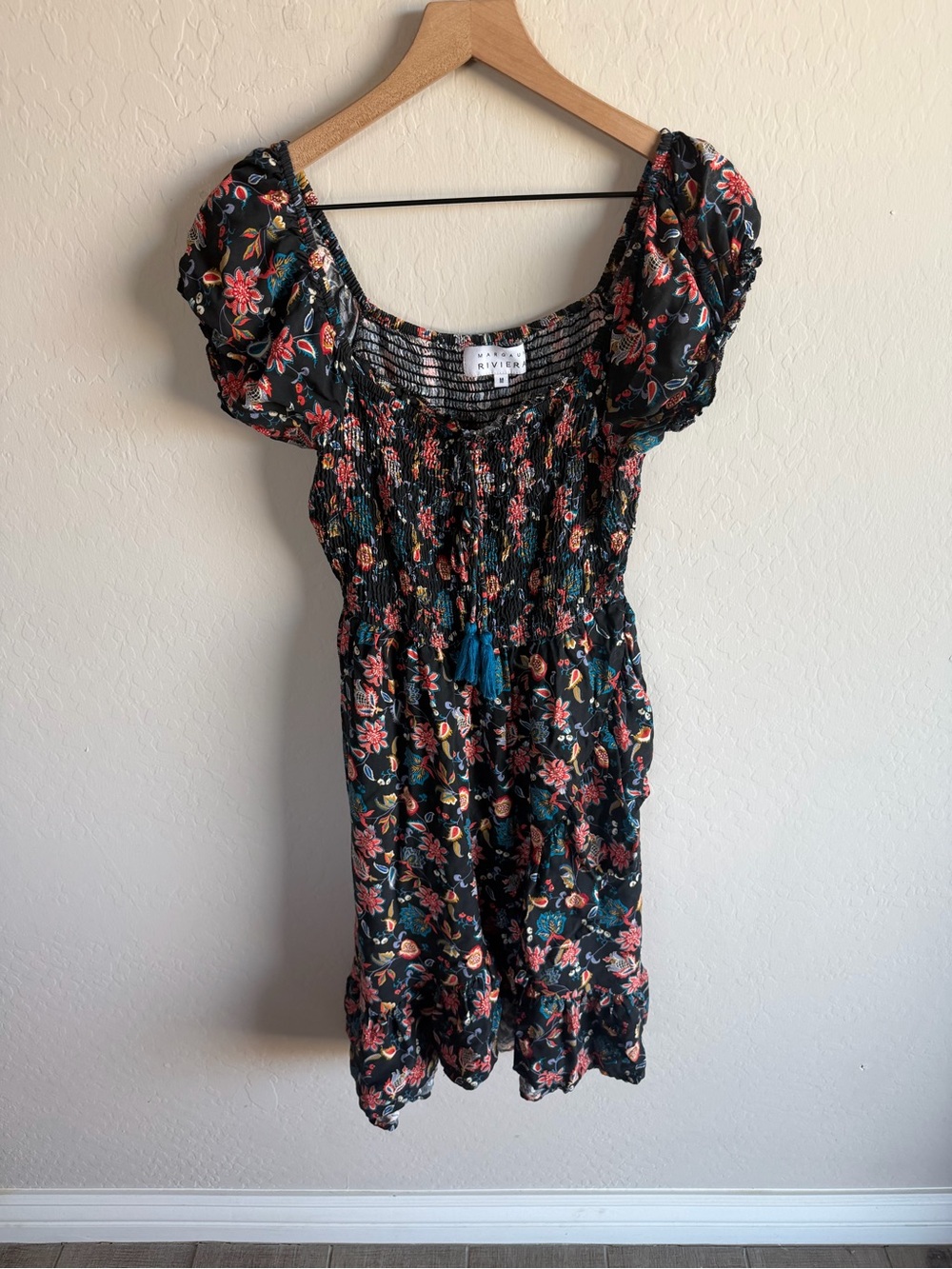 Smocked Floral Black Faux Wrap Puff Sleeve Dress Size M Boho Western Festival
